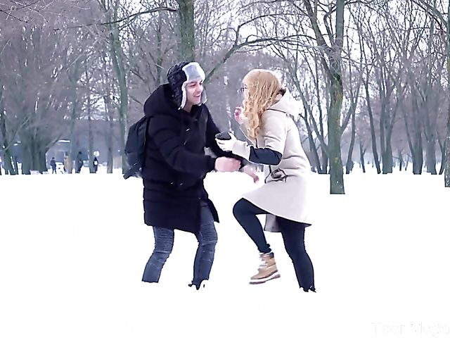 Pale russian teen Red Rock is horny in winter