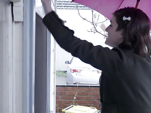 Luci Q pissing under her umbrella and getting her lesbian hairy pussy licked by Pixie Faye
