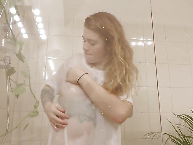 Tattoo girl Pixie Faye takes off her wet clothes for shower masturbation