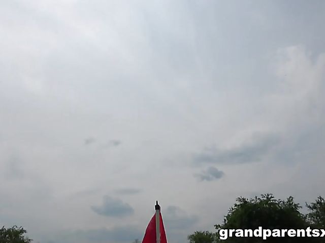 Old couple and teen fucking outdoors after a game of golf  