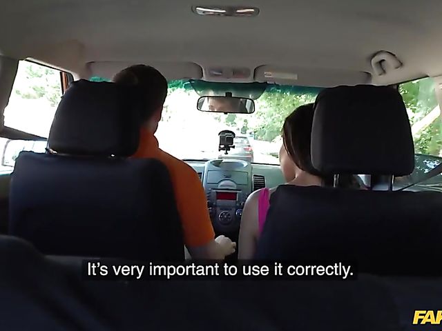 Chloe Lamour's big fake tits and sexy pussy for her driving instructor in the car