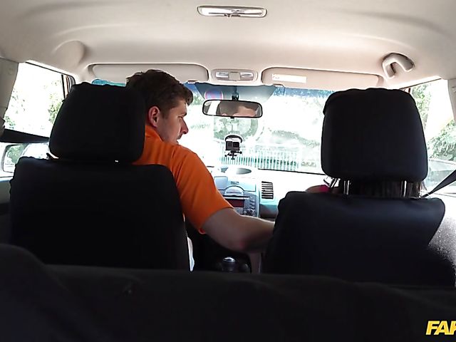 Chloe Lamour's big fake tits and sexy pussy for her driving instructor in the car