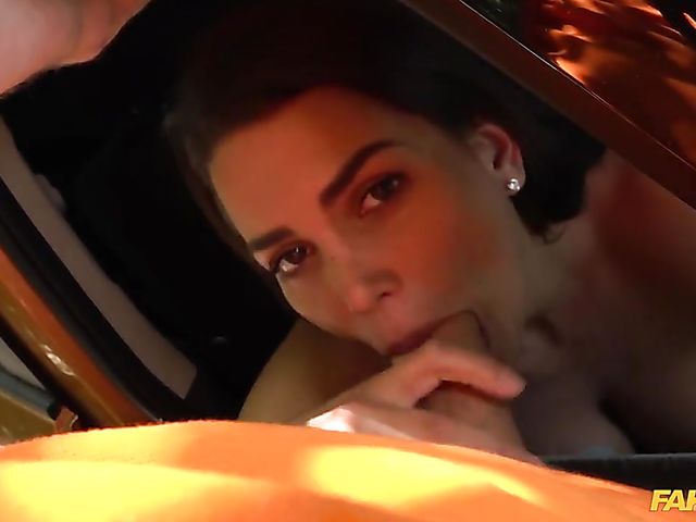 Chloe Lamour's big fake tits and sexy pussy for her driving instructor in the car