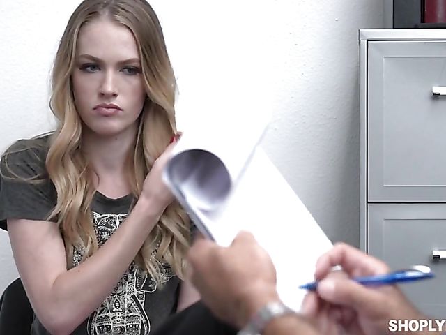 Young teen shoplifter Violet Storm gets nude and rides a cock to say sorry