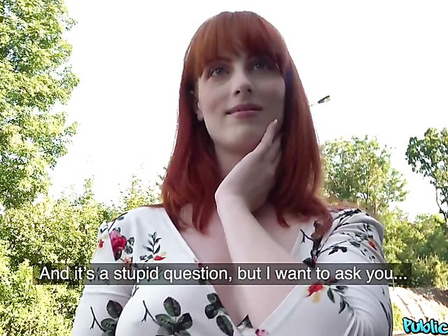 Public agent fucks blue-eyed redhead Alex Harper for money with her summer dress on