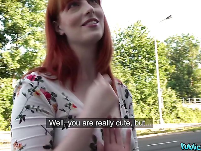 Public agent fucks blue-eyed redhead Alex Harper for money with her summer dress on