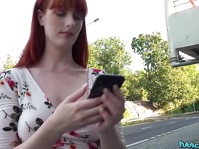 Public agent fucks blue-eyed redhead Alex Harper for money with her summer dress on