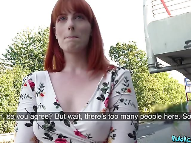 Public agent fucks blue-eyed redhead Alex Harper for money with her summer dress on