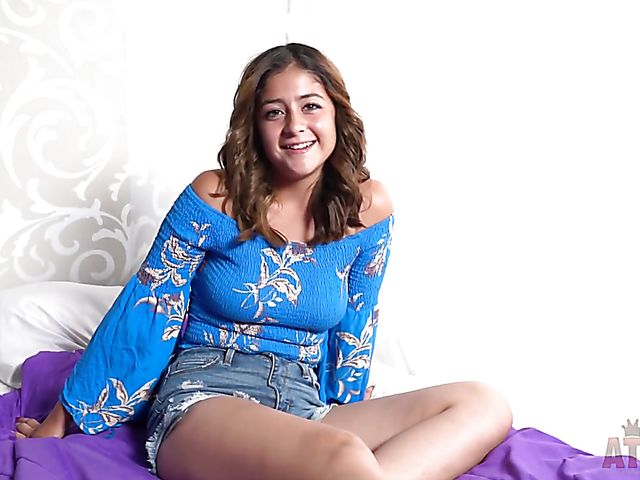 Exotic naughty teen interview and strip on the bed with Julia Bloom