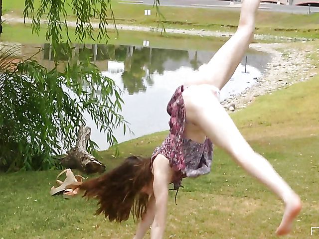 Busty teen angel Hazel flashing outdoors and toying her amazing pussy