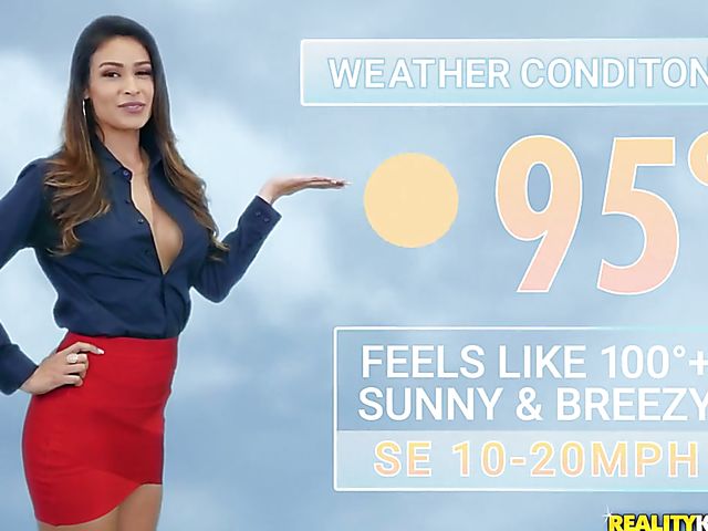 Weather reporter with fake boobs Katana Kombat goes at it