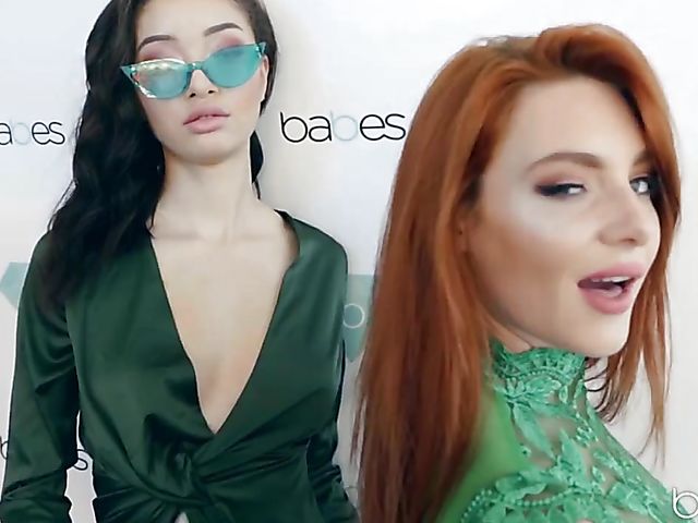 Elegant babe in green Scarlett Bloom gets eaten out by redhead lesbian Lacy Lennon
