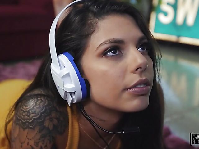 Lesbian doggystyle strapon fuck with Adria Rae and sexy gamer Gina Valentina