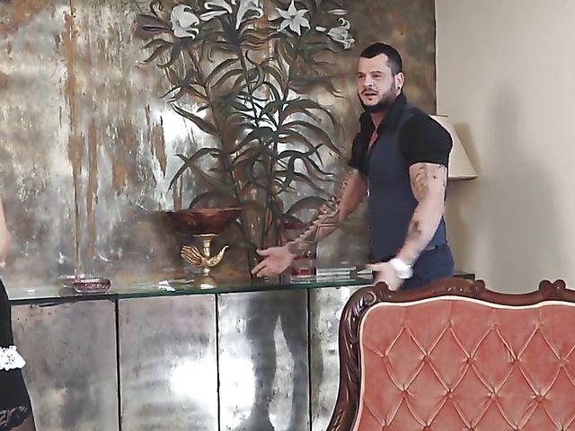 MILF maid Vicky Love fucks the thief and gets cum on her boobies