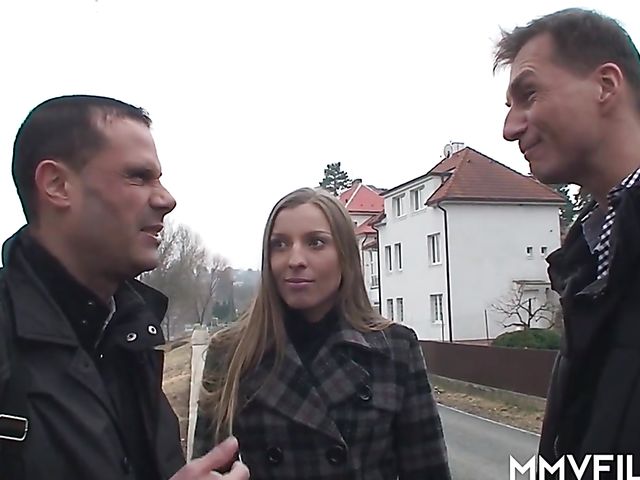 Morgan Moon's stockings threesome with two german guys