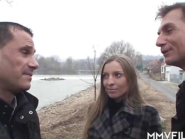 Morgan Moon's stockings threesome with two german guys