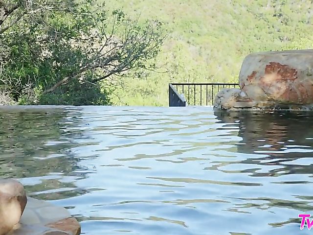 Poolside lesbian outdoor fun with Emily Addison and cute Gianna Dior