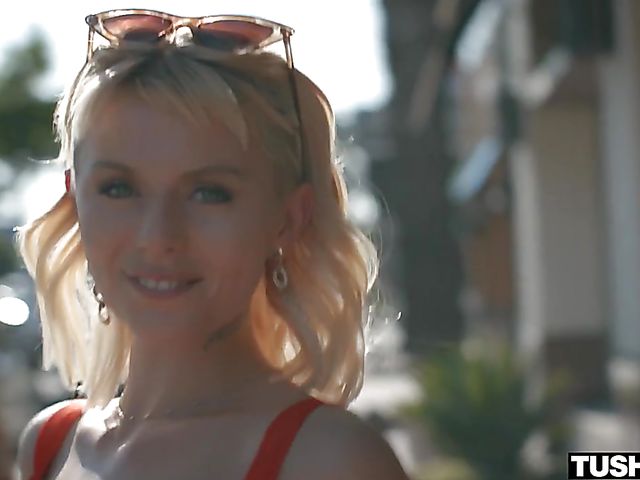 Crazy about anal stockings blonde in red Charley Chaplin gets it