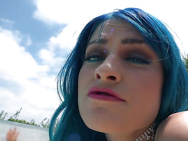 Poolside outdoor solo in black lingerie with blue hair hottie Jewelz Blu