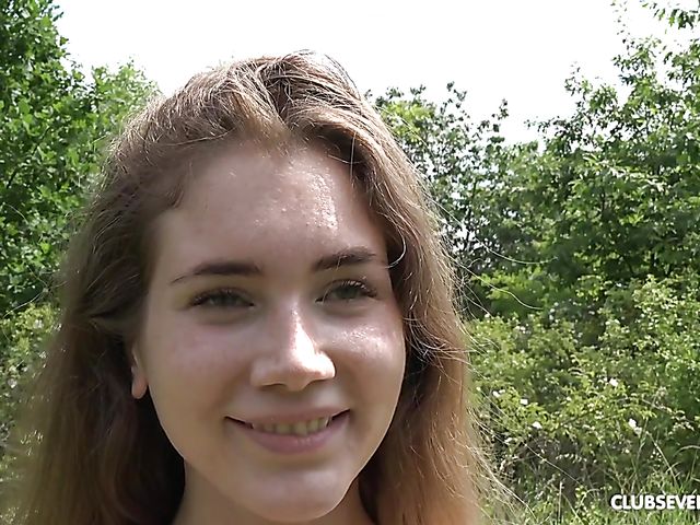 Naked flexible teen gymnast Mary Rock fingers herself in nature