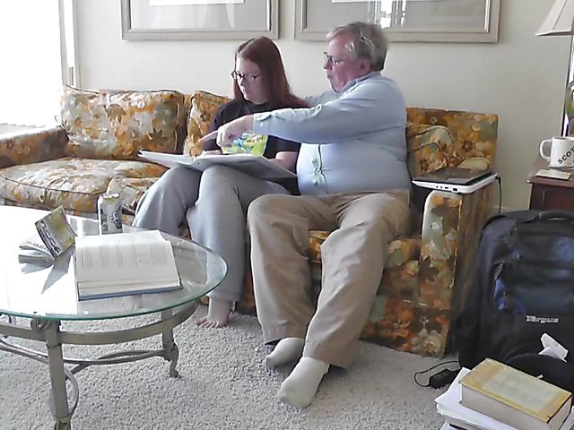 Fat old man masturbates to porn and then fucks that chubby redhead