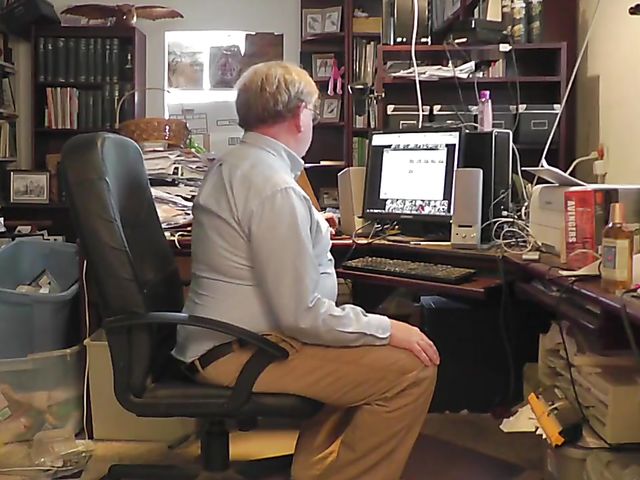 Fat old man masturbates to porn and then fucks that chubby redhead