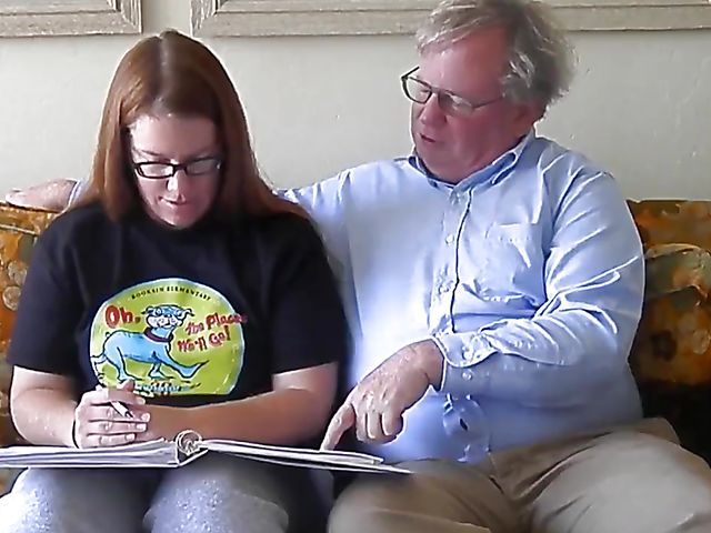 Fat old man masturbates to porn and then fucks that chubby redhead