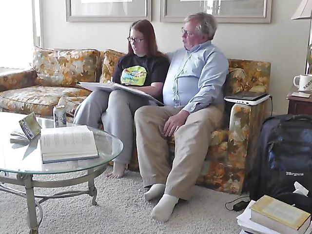 Fat old man masturbates to porn and then fucks that chubby redhead