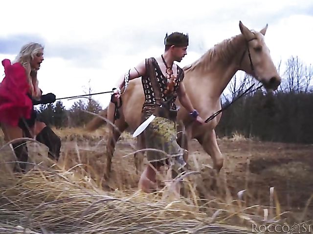 Enslaved Mia Linz in black gloves and stockings anal fucked by the king