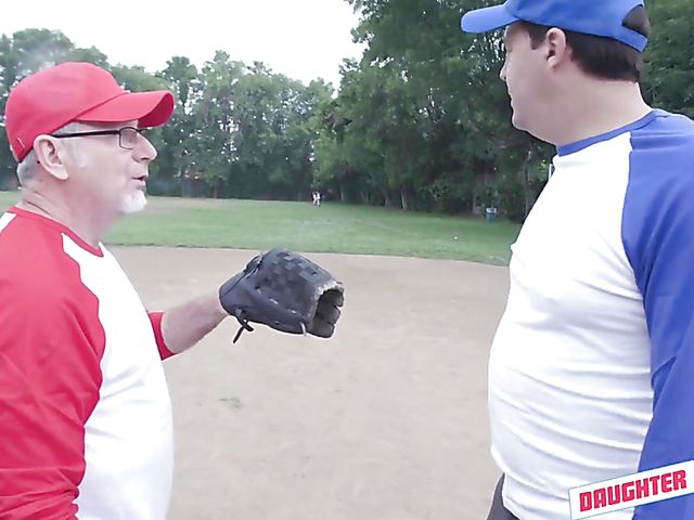 Old and young foursome after a softball game with hot daughters Taylor Blake and April Snow