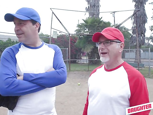 Old and young foursome after a softball game with hot daughters Taylor Blake and April Snow