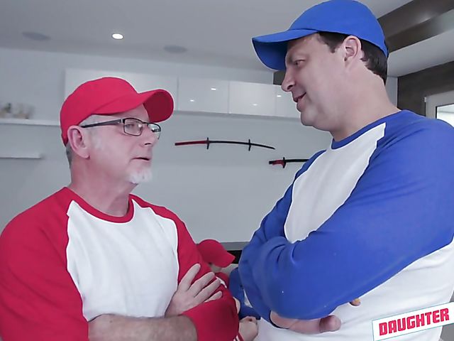 Old and young foursome after a softball game with hot daughters Taylor Blake and April Snow