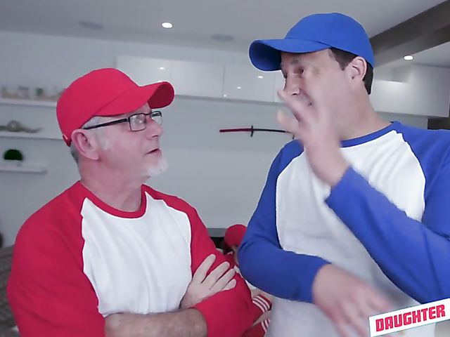 Old and young foursome after a softball game with hot daughters Taylor Blake and April Snow