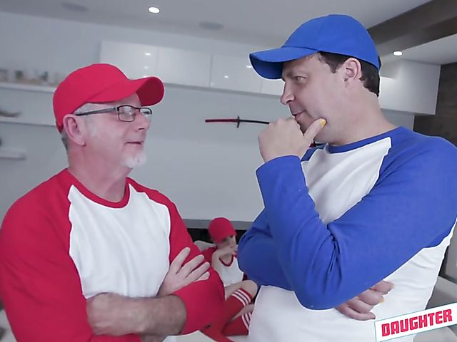 Old and young foursome after a softball game with hot daughters Taylor Blake and April Snow