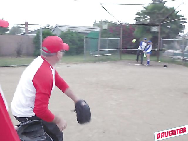 Old and young foursome after a softball game with hot daughters Taylor Blake and April Snow