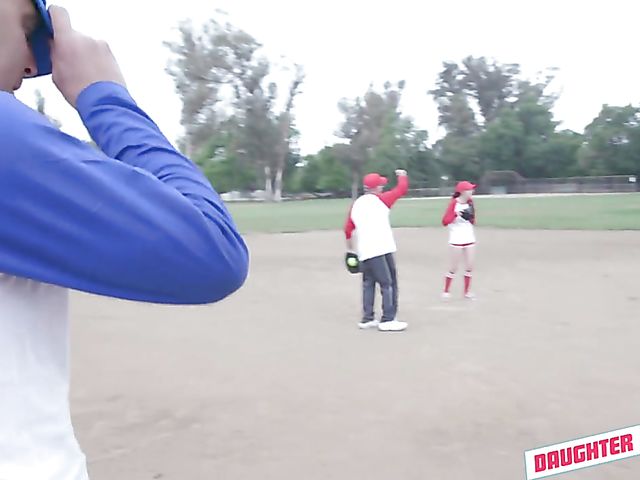 Old and young foursome after a softball game with hot daughters Taylor Blake and April Snow