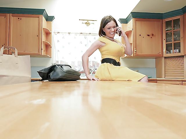 Creamy masturbation on the phone in the kitchen with MILF Krissy Lynn