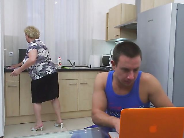 Fat granny Haline has sex with a horny boy in the kitchen