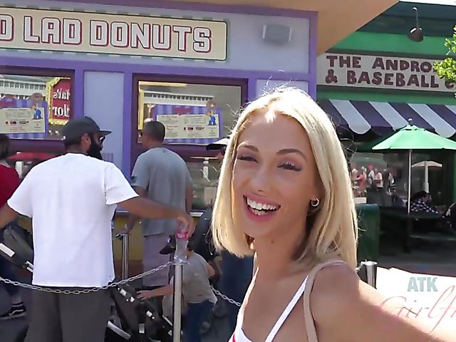 Blonde girlfriend Sky Pierce is proud of her tiny pussy and tits