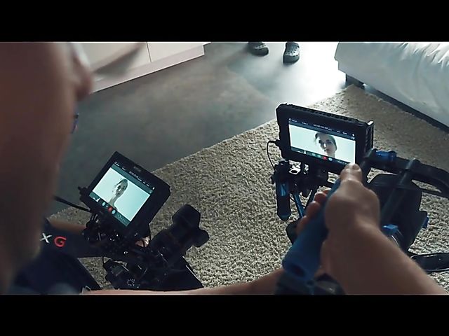 Behind the scenes of busty short hair blonde Skye Blue