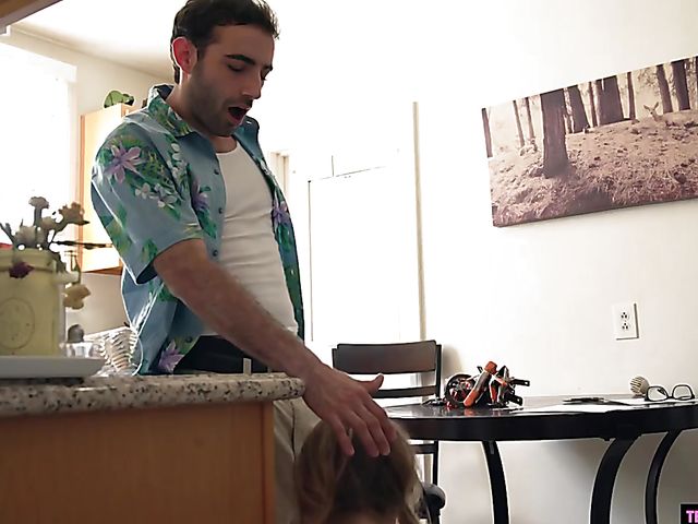 Rough teen threesome with Melody Marks in front of her helpless dad