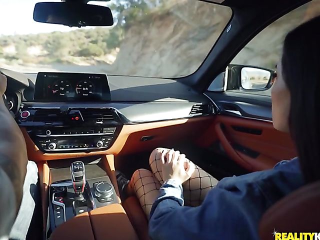 Blowjob driving car and outdoor fuck with teen in fishnets Aria Lee