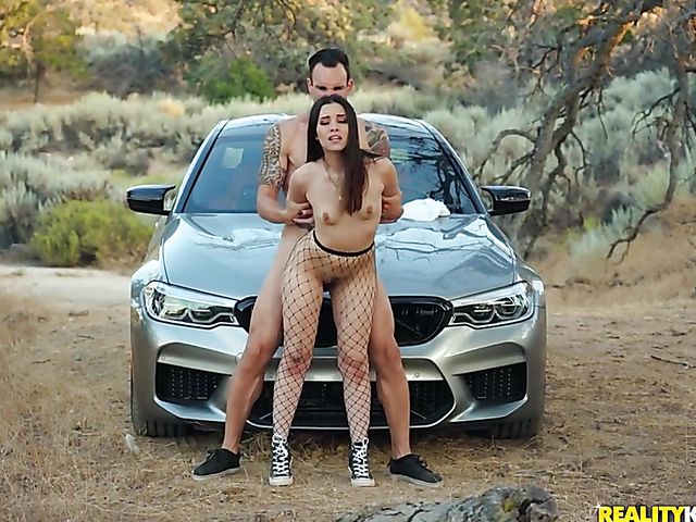 Blowjob driving car and outdoor fuck with teen in fishnets Aria Lee