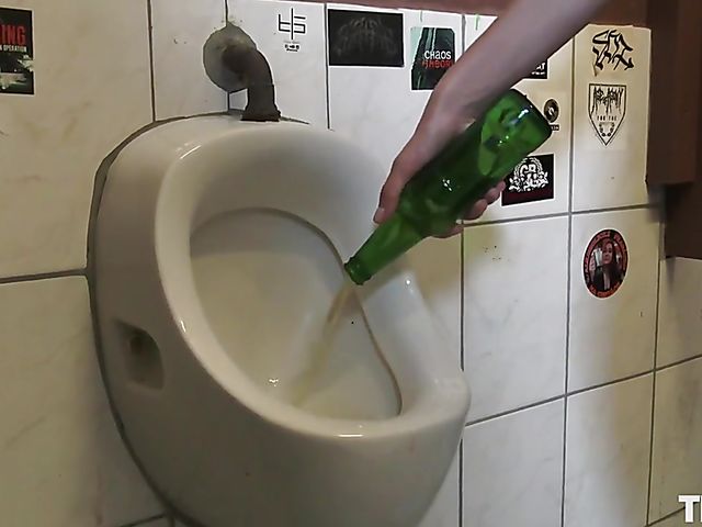 Busty trash slut Stella Cardo bottle in pussy masturbation in the men's room