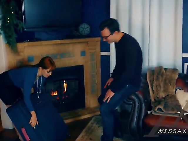 Redhead busty woman Penna Pax gets creamed by the fireplace