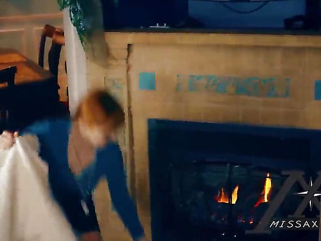 Redhead busty woman Penna Pax gets creamed by the fireplace