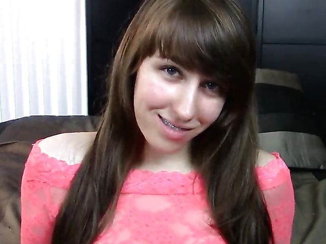 Brace faced hairy teen in stockings fingering and spreading her cunt