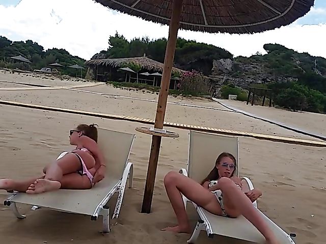 Public nudity and masturbation with two bikini beach girls