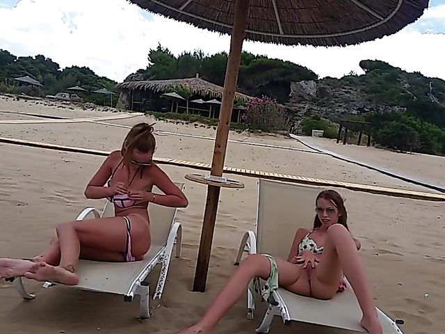 Public nudity and masturbation with two bikini beach girls