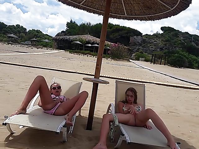 Public nudity and masturbation with two bikini beach girls